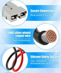 Beefed Up 50A 7AWG Connector Kit For 12V/24V Systems, 1 Meter Lead, 600V DC Max, Minus 20C To 105C Temperature Range, Flame Retardant PC Housing, Built Tough For Auto, Marine, And DIY Electrical Projects. 7AWG silver-plated copper wire and silicone sheath
