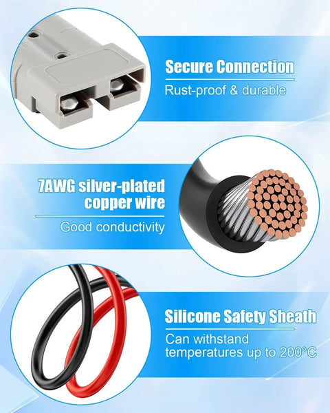 Beefed Up 50A 7AWG Connector Kit For 12V/24V Systems, 1 Meter Lead, 600V DC Max, Minus 20C To 105C Temperature Range, Flame Retardant PC Housing, Built Tough For Auto, Marine, And DIY Electrical Projects. 7AWG silver-plated copper wire and silicone sheath