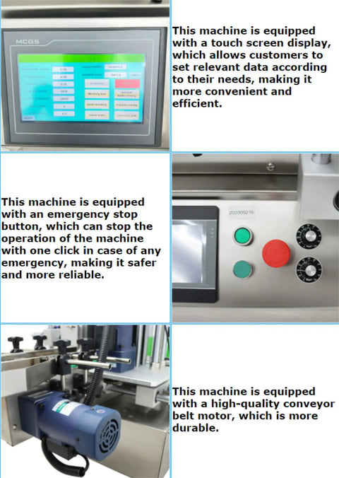 Heavy Duty 110V Desktop Automatic Conveyor Bottle Labeler touch screen control panel and emergency stop button for safety.