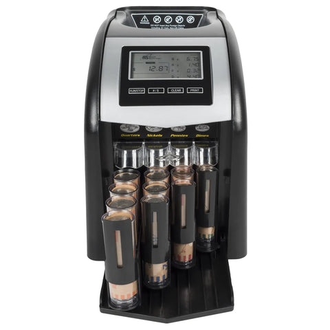 4 Row Electric Coin Counter And Sorter With No Fuss Auto Row Advancement And Anti Jam Technology on tabletop with coin tubes filled
