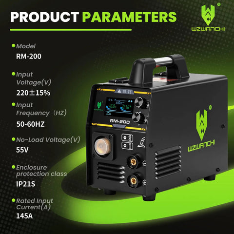 200 Amp Aluminum MIG Welder Dual Voltage 110V And 220V with LED display and RM-200 model specifications visible