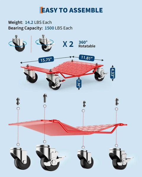 Heavy Duty Wheel Dolly Set Of 4 6000Lbs Capacity Automotive Moving Platform With Reinforced 4MM Steel V Shaped Design showed disassembled parts and measurements.