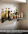 Wall-mounted black metal shelf with jars and bottles, showcasing space-saving kitchen storage.