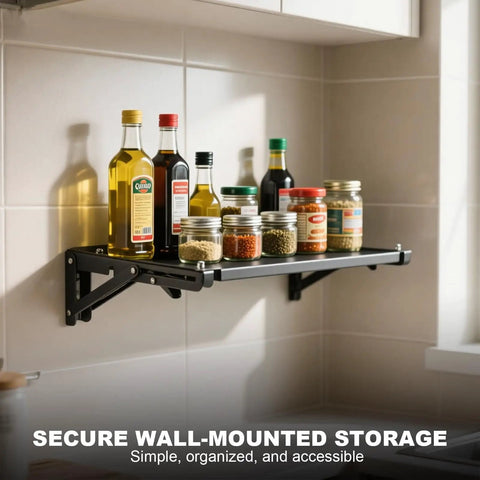 Wall-mounted black metal shelf with jars and bottles, showcasing space-saving kitchen storage.