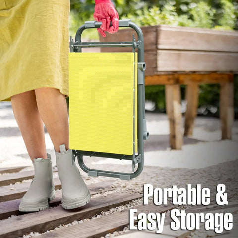 Woman carrying Garden Kneeler And Seat 2 In 1 Heavy Duty With Handles For Seniors Padded Ergonomic Foldable Gardening Stool