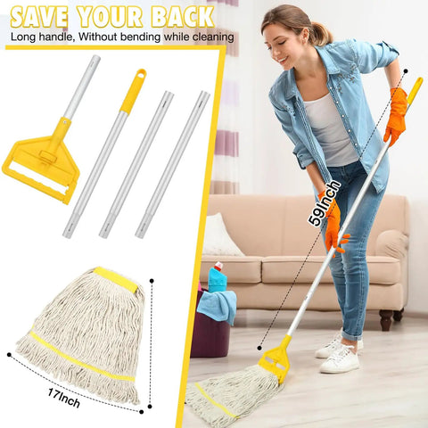 Heavy Duty Cotton Mop With 59 Inch Handle For Industrial And Home Floors, Looped End Wet Mop Head For Garage, Workshop, Office And Warehouse Cleaning in use