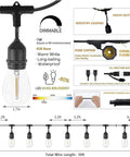 105 Ft Outdoor String Lights With 1W Dimmable S14 Bulbs, Commercial Grade Heavy Duty Waterproof Patio Bistro Market Lighting In Warm White, ETL Listed, Energy Saving, Shatterproof And Easy To Install close-up diagram showing dimensions and features.