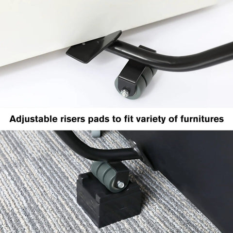 Heavy Furniture Lifter Kit With Four Height Adjustable Jacks And 1000 Lbs Capacity showing jacks under furniture on carpet