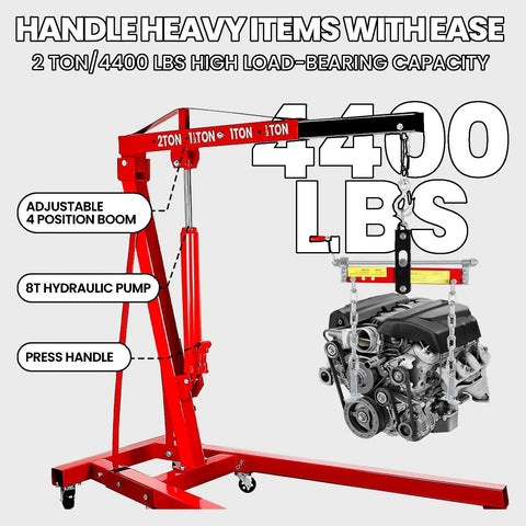 Rock Solid Engine Hoist And Folding Hydraulic Crane Featuring Six Low Friction Casters Built In Leveler Tilt Control And Heavy Duty Steel Shop Workhorse Handling 2 Ton 4400 Lbs Loads with adjustable boom and hydraulic pump.
