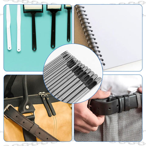 Leather Hole Punch Kit 0.5-7mm 17-Piece Round Hollow Punch Set For Belts, Watch Bands, Bags And More, shown with tools and applications
