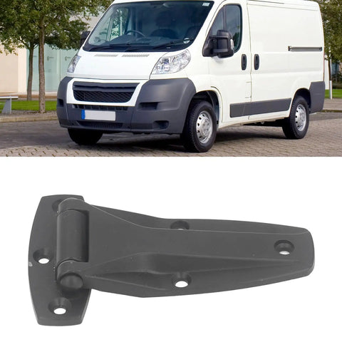 Soft Close T Hinge Zinc Alloy For Inward And Outward Doors, black T strap hinge shown against a van and white background.