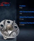 Rear Wheel Bearing And Hub Assembly Set For CR-V And Accord Crosstour Rear Fwd 5-Lug With ABS 512344, shown in close-up