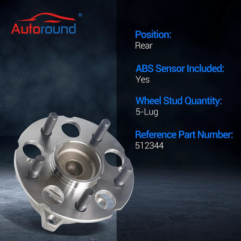 Rear Wheel Bearing And Hub Assembly Set For CR-V And Accord Crosstour Rear Fwd 5-Lug With ABS 512344, shown in close-up