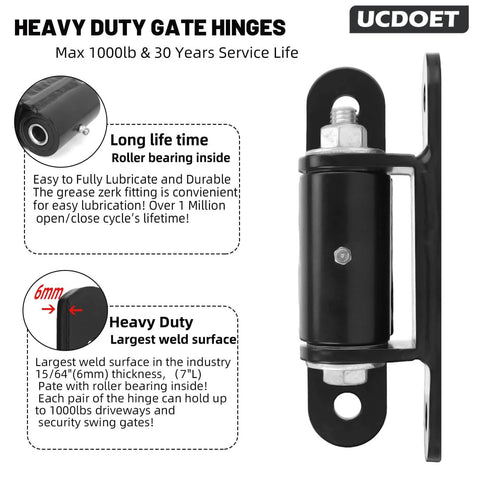 7 Inch Heavy Duty Gate Hinges with Grease Zerk Lubricable Bearings for Bolt or Weld on Gates Up to 1000 Lbs Black