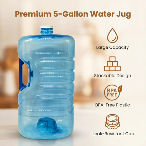 5 Gallon Stackable Water Jug with Easy Grip Handle and Screw Cap for Home Office Camping and Emergency Water Storage