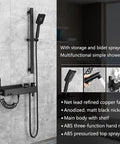 MXJIAYDNX Rain Shower System Black Shower Faucet Set Brass Shower Combo Set mounted, with handheld sprayer and storage shelf.