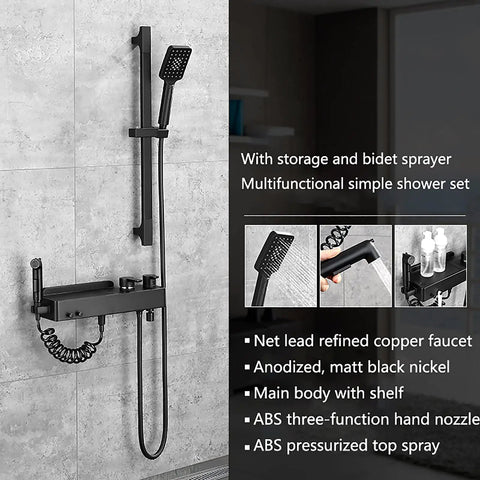 MXJIAYDNX Rain Shower System Black Shower Faucet Set Brass Shower Combo Set mounted, with handheld sprayer and storage shelf.
