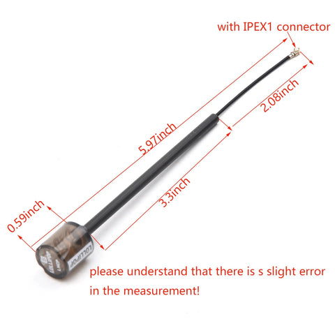 Beefed Up 5.8G LHCP Antenna With High Gain 2.8dBi For FPV Drones IPEX1 Connector shown with measurements and black cable