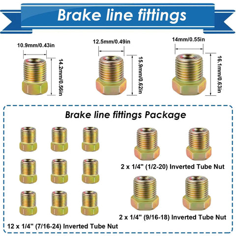 One Quarter Inch Twenty Five Foot Brake Line Tubing Kit Flexible Zinc Coated Alloy Coil With Sixteen Inverted Flare Fittings SAE
