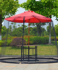 Universal Canopy Mosquito Net With Zipper Door And Adjustable Rope For Outdoor Umbrellas And Patio Tables Fits Seven Point Five To Eleven Feet Round Or Eight Foot Square Canopies Black covering red umbrella and table