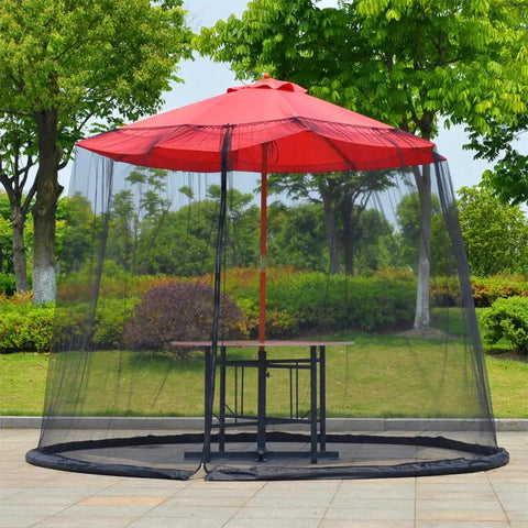Universal Canopy Mosquito Net With Zipper Door And Adjustable Rope For Outdoor Umbrellas And Patio Tables Fits Seven Point Five To Eleven Feet Round Or Eight Foot Square Canopies Black covering red umbrella and table
