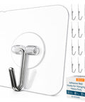 Clear Adhesive Wall Hooks Set Heavy Duty No Drill 22 Lb Capacity Waterproof Transparent Towel Hooks For Home Bathroom Kitchen Office Outdoor Multipurpose 12 Pack, showing the hooks and packaging