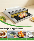 Eighteen Inch No Sweat Hand Cling Film Sealer With Rust Proof Steel Housing And Five Level Adjustable Heat Easy Grip Handle Built Tough For Fresh Fruit Trays Slick Workhorse on kitchen counter with fruits and vegetables.