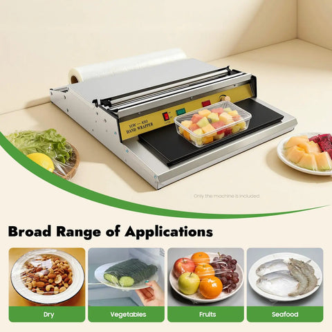 Eighteen Inch No Sweat Hand Cling Film Sealer With Rust Proof Steel Housing And Five Level Adjustable Heat Easy Grip Handle Built Tough For Fresh Fruit Trays Slick Workhorse on kitchen counter with fruits and vegetables.
