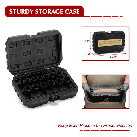 Open case displaying 25 Piece Bolt Nut Extractor Set With Three Eighths Inch And One Half Inch Drive Heavy Duty Impact Lug Nut Remover Sockets.