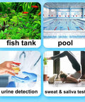 Four panel image showing fish tank, pool, urine detection, and sweat & saliva test for 100 Count PH Test Strips For Aquarium And Home Use.