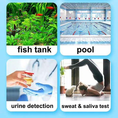 Four panel image showing fish tank, pool, urine detection, and sweat & saliva test for 100 Count PH Test Strips For Aquarium And Home Use.