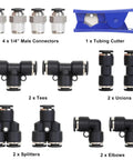 Front view: Hromee Air Line Tubing Kit with 1/4" PU tubing, 32.8 ft, push-to-connect fittings and cutter (14 pcs).