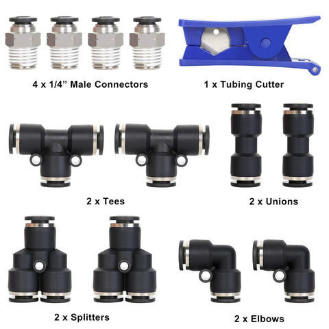 Front view: Hromee Air Line Tubing Kit with 1/4" PU tubing, 32.8 ft, push-to-connect fittings and cutter (14 pcs).