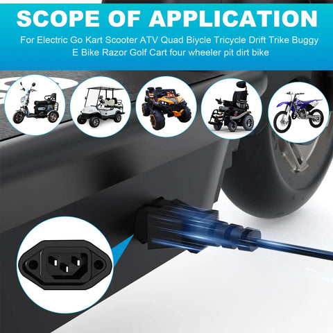 High Efficiency 59V 1.8A Lead Acid Battery Charger with 3 Hole Plug AC Adapter shown charging different electric vehicles.