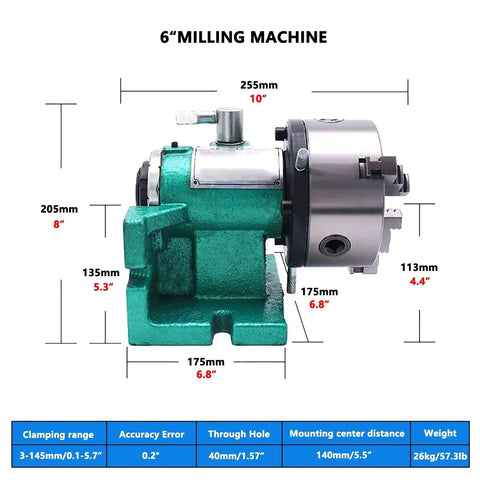 6 inch milling machine featuring a green cast iron body and a 3 jaw lathe chuck, part of the Top Rated Cnc Rotary Indexing Table With Universal Dividing Head And 6 Inch 3 Jaw Lathe Chuck Sweet Milling Attachment Kit Built Tough For Hella Accurate Cuts And Fast Setup.