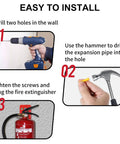 Beefy Heavy Duty Fire Extinguisher Wall Mount Bracket Kit installation steps, showing drill, hammer, and mounted extinguisher.