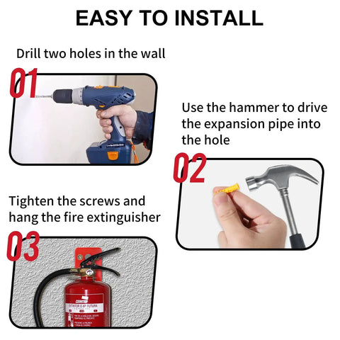 Beefy Heavy Duty Fire Extinguisher Wall Mount Bracket Kit installation steps, showing drill, hammer, and mounted extinguisher.