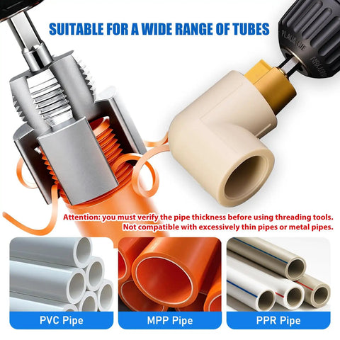 Dual Function PVC Pipe Threader Tool Kit for Internal and External Threads on Water Pipes Drill Compatible tool in action