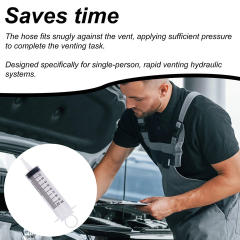 Mechanic using Brake Bleeder Kit With Syringe Hose And Tubing For Motorcycle And Car Maintenance next to open car hood