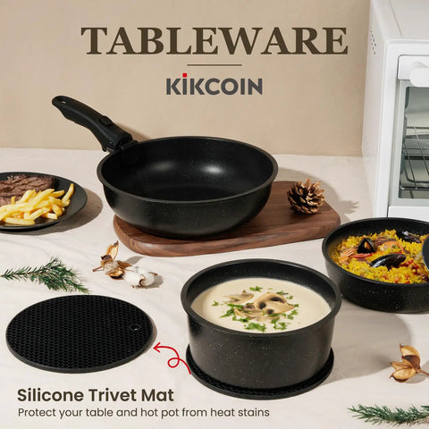 Nonstick Pots And Pans Set For RV Living 20 Pack Stackable Cookware With Detachable Handles and dishes with food