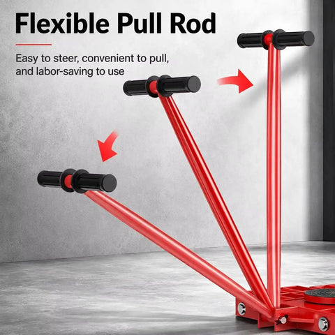 Flexible pull rod on Badass Industrial Machinery Moving Skates for easy steering and labor-saving use.