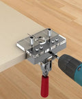Cross Dowel Jig For Woodworking, DIY Friendly Builds, Adjustable Self Centering Drill Bit attached to panel with drill