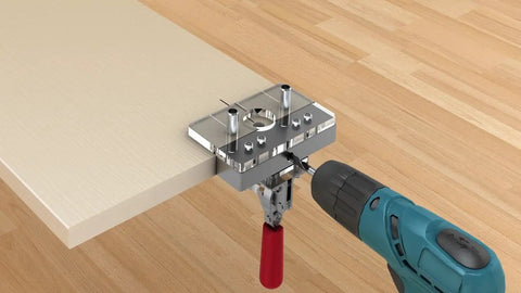 Cross Dowel Jig For Woodworking, DIY Friendly Builds, Adjustable Self Centering Drill Bit attached to panel with drill
