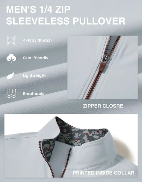 Stretchy Golf Vest For Men Lightweight Breathable Quick Dry Stand Collar Quarter Zip Pullover with windproof flap and inside collar print - close-up of zipper and printed collar detail.