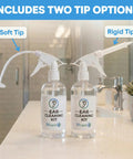 All In One Ear Wax Removal Kit For Home Use For Adults And Kids With Basin Bulb Syringe Four Piece Curette Set Microfiber Towel And 30 Disposable Tips For Safe Ear Irrigation And Cleaning showing two bottles with soft and rigid tip options