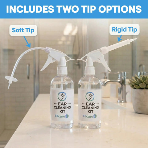 All In One Ear Wax Removal Kit For Home Use For Adults And Kids With Basin Bulb Syringe Four Piece Curette Set Microfiber Towel And 30 Disposable Tips For Safe Ear Irrigation And Cleaning showing two bottles with soft and rigid tip options