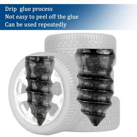 Close-up of tire with 100Pcs Tire Plug Kit With Screwdriver For Quick Flat Tire Repair Nails For Cars Motorcycles And Trucks Self Service Patch Kit Durable And Easy To Use Anywhere Today, showing waterproof drip glue process on the repair nail.