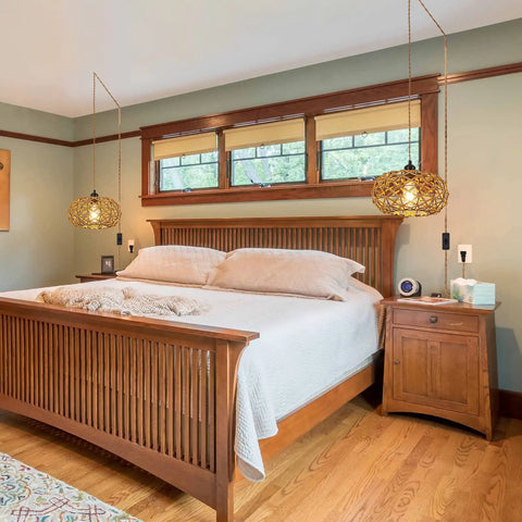 Plug In Pendant Light With Handwoven Rattan Shade, Boho Farmhouse Chandelier over rustic bedroom, 15 Ft Hemp Rope Cord