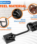 Heavy Duty Self Locking Cabin Hook And Eye Latch For Privacy Barn Doors with black electroplated steel material and solid construction.