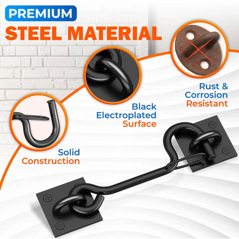 Heavy Duty Self Locking Cabin Hook And Eye Latch For Privacy Barn Doors with black electroplated steel material and solid construction.
